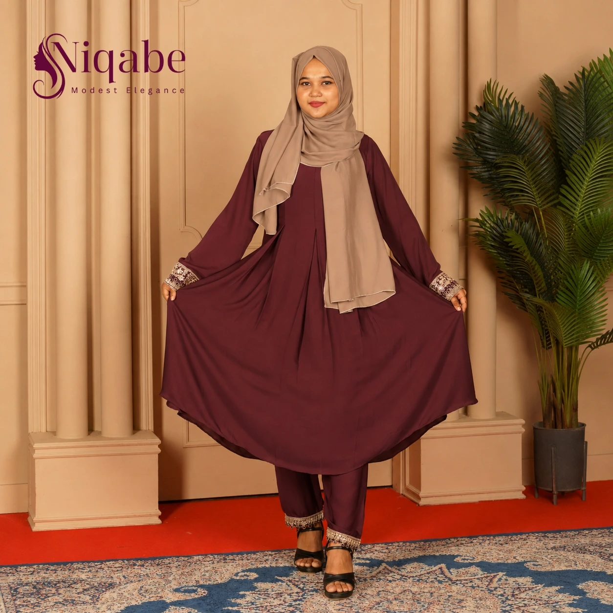 Premium Dubai Cherry Co-Ord Set - Deep Maroon