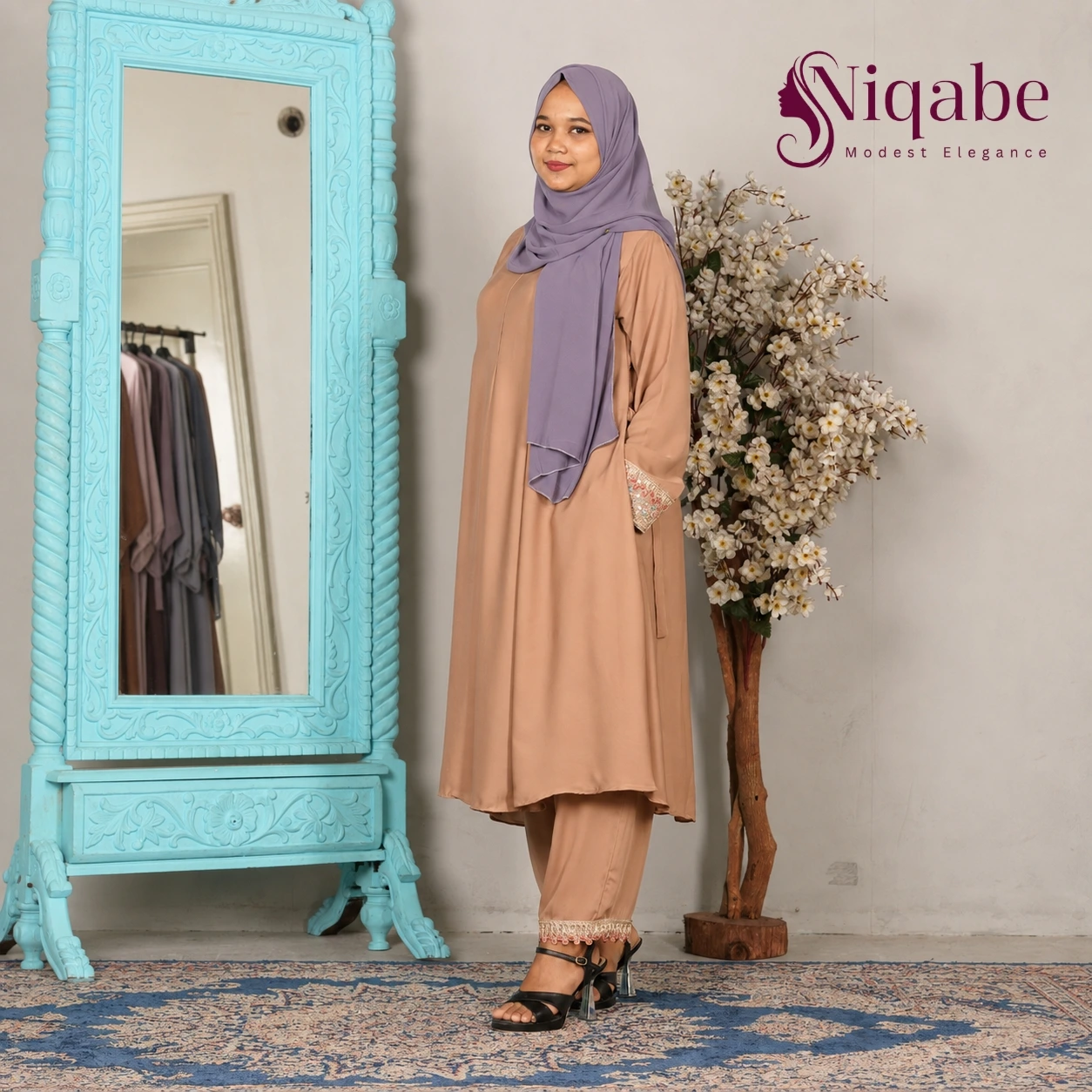 Premium Dubai Cherry Co-Ord Set - Peach Beige