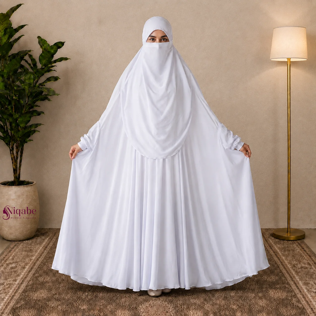 Premium Dubai Cherry Floor-Touch Jilbab - White