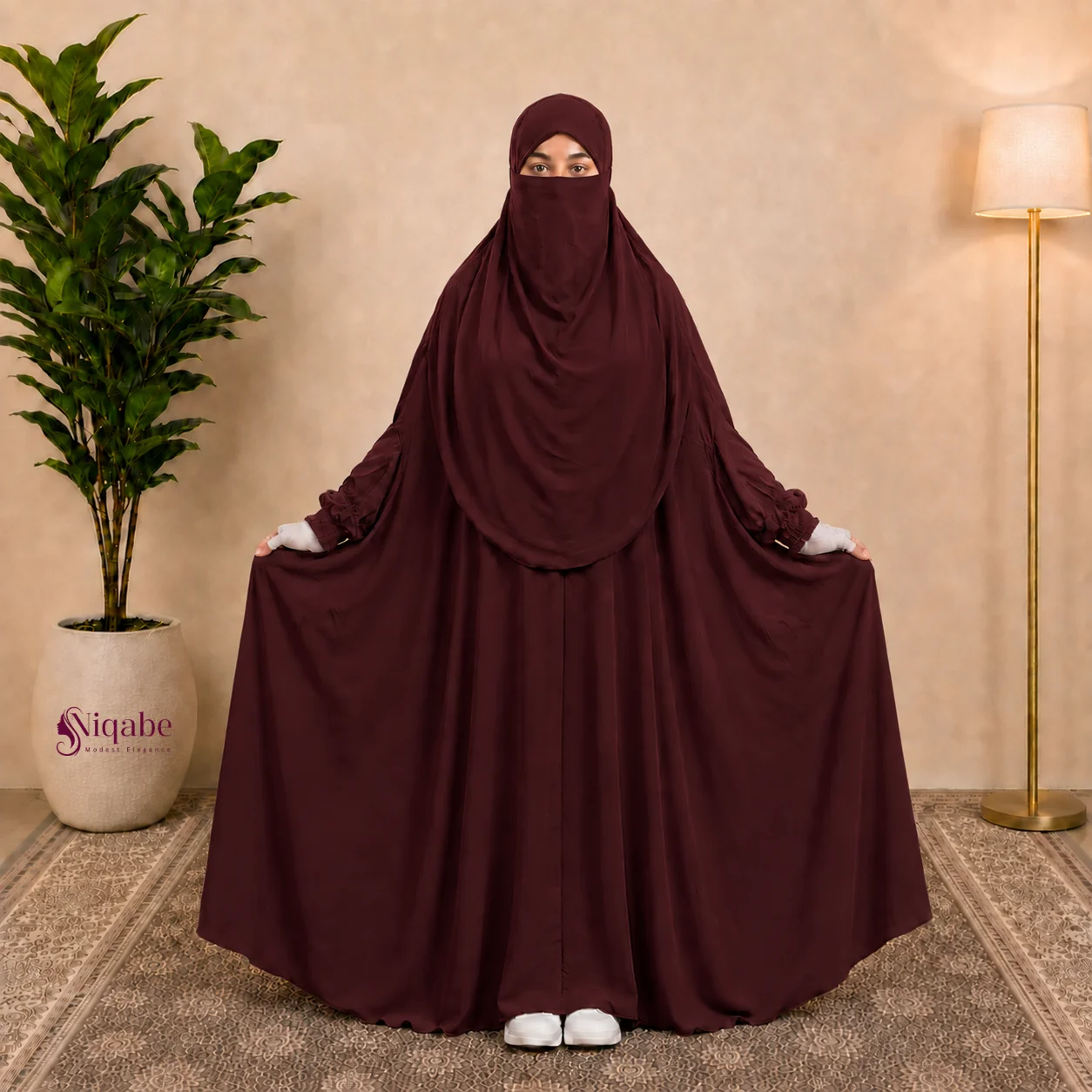 Premium Dubai Cherry Floor-Touch Jilbab - Wine