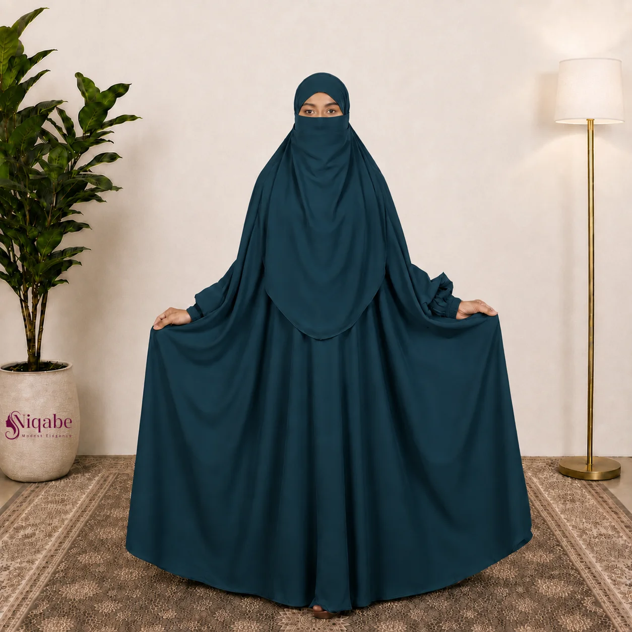Premium Dubai Cherry Floor-Touch Jilbab - Teal